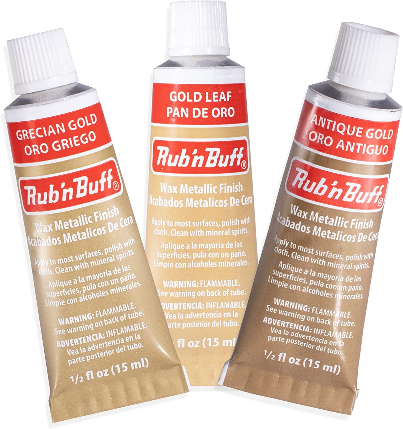 Amaco Rub N Buff Wax Metallic Finish 3 Color Kit - Antique Gold Grecian Gold and Gold Leaf 15ml Tubes - Versatile Gilding Wax for Finishing