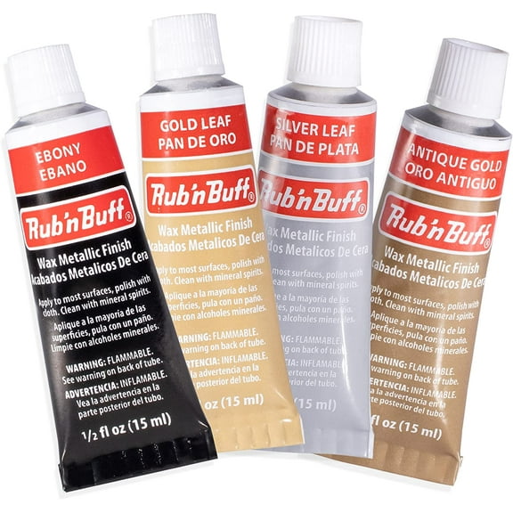 AMACO Rub n Buff Wax Metallic Finish 4 Color Kit - Antique Gold Silver Leaf Gold Leaf Ebony 15ml Tubes - Versatile Gilding Wax for Finishing Furniture Antiquing and Restoration - 4 Rub and Buff Colors