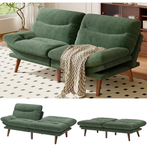 AMADA 66"Convertible Futon Sofa Bed, Corduroy Folding Futon Set with Adjustable Backrest &Armrests, Recliner Lounge for Living Room, Apartment or Office, Solid Wood Frame, Loveseat Sofa -Forest Green
