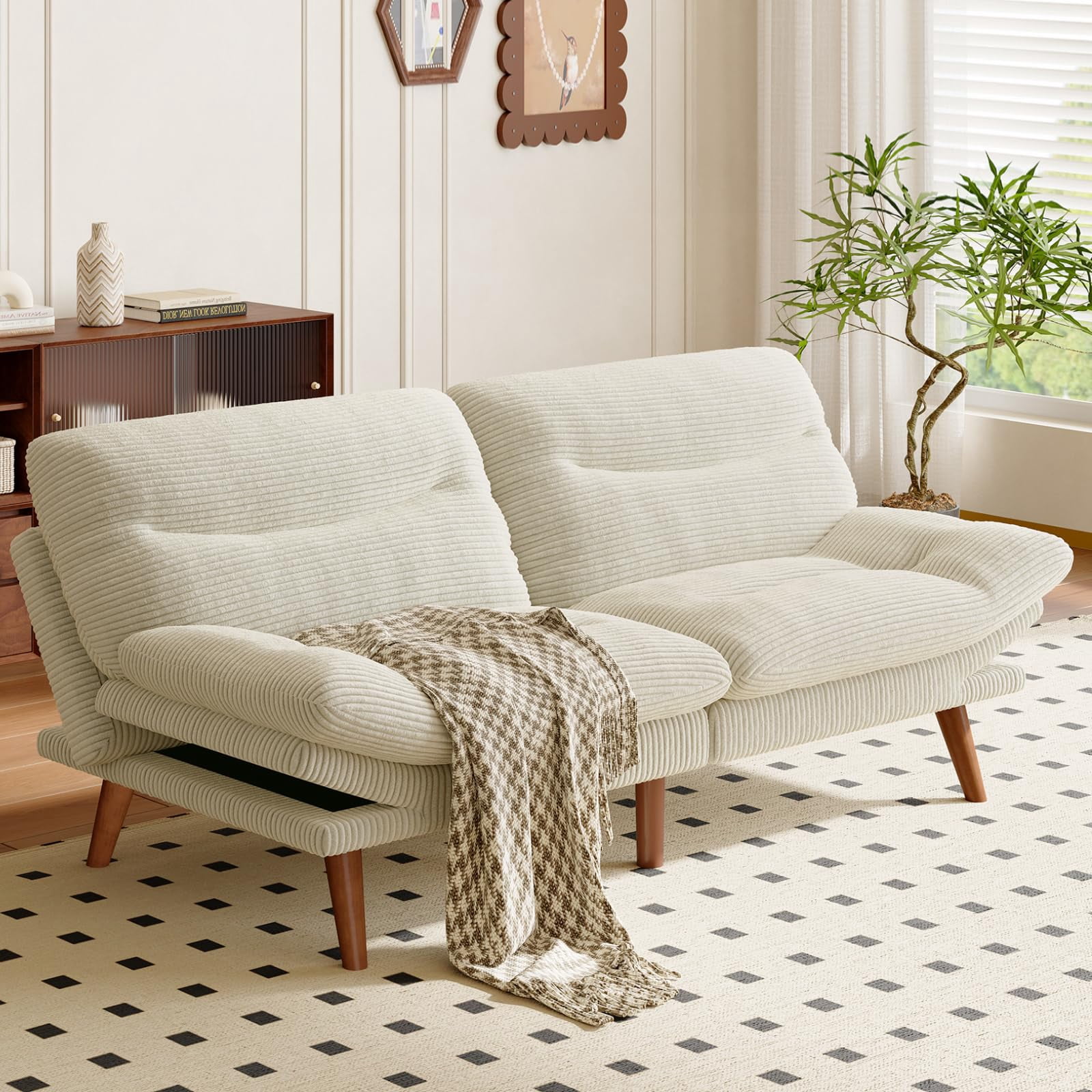 AMADA HOMEFURNISHING Convertible Futon Sofa Bed,66″ White Futon with ...