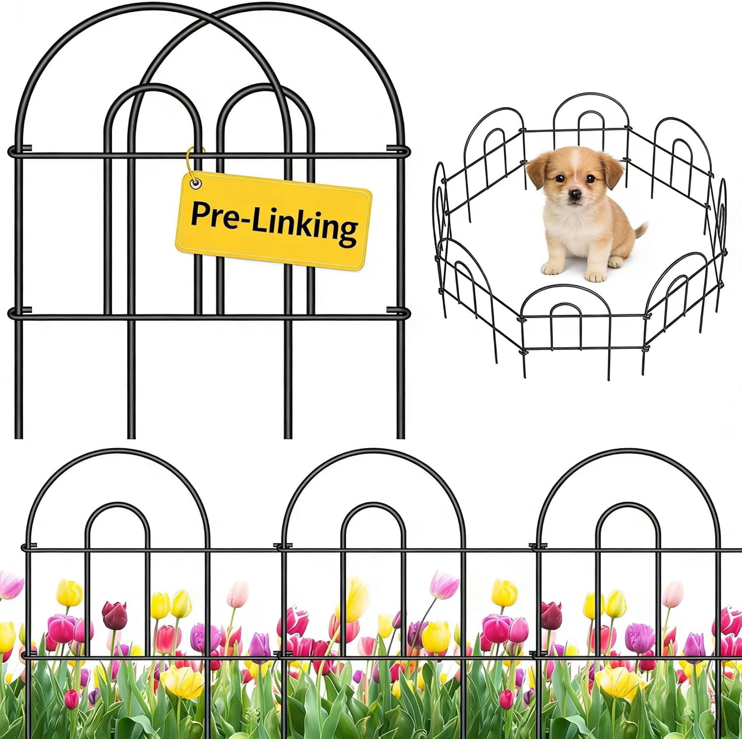 AMAGABELI 35 Panels 18in(H)×50ft(L) Decorative Garden Fence No Dig Rustproof Metal Pre-Linking Fence Panels Garden Edging Border Animal Barrier Fencing for Flower Beds Yard Patio Outdoor Decor Black