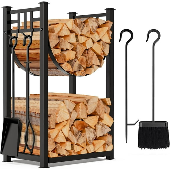 AMAGABELI GARDEN & HOME 31.6in Large Firewood Rack Fireplace Tools Set Wood Holder Indoor log Rack With Tools Tall for Wood Stove Firepit Campfire Storage Stacking Wrought Iron Accessories Outdoor