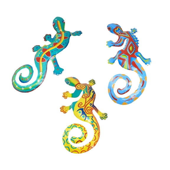 AMAJY Metal Gecko Wall Art 3-Piece Set – Handcrafted Haitian Metal Lizards – Colorful Large Wall Decoration for Patio, Garden, Fence, Courtyard or Living Room – Unique Gift for Nature & Lizard Lovers
