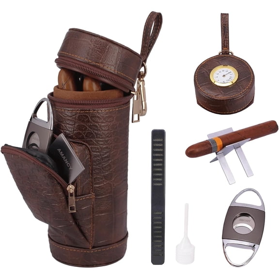 AMANCY Classy Cylindrical Hand Carry Cigar Case with Premium Cutter and Rest, Cedar Wood Lined Travel Cigar Holder Humidor kit with Built-In Hygrometer, Long Humidifier, and Dropper