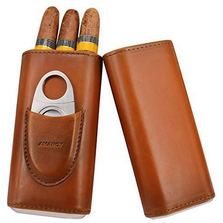 AMANCY Premium 3- Finger Brown Leather Cigar Case, Cedar Wood Lined Cigar  Humidor with Silver Stainless Steel Cutter 