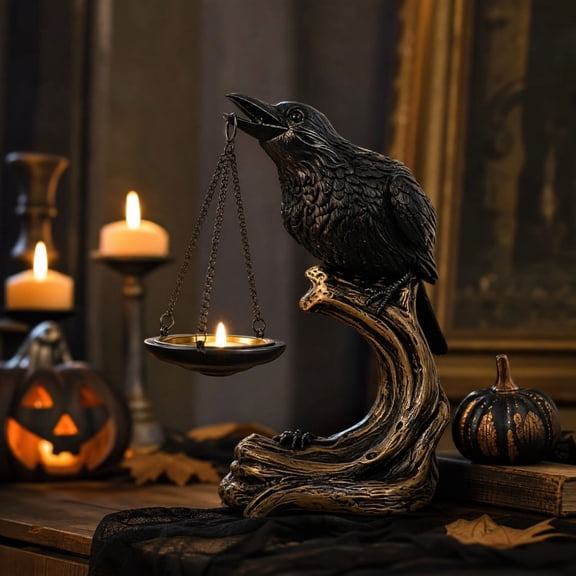 AMARHH Black Raven Statue, Halloween Realistic Resin Crow Figurine, Dark Spooky Bird Statue for Tabletop, Bookshelf, Garden Decor, Holiday Displays, and Unique Gifts With Candle Holder