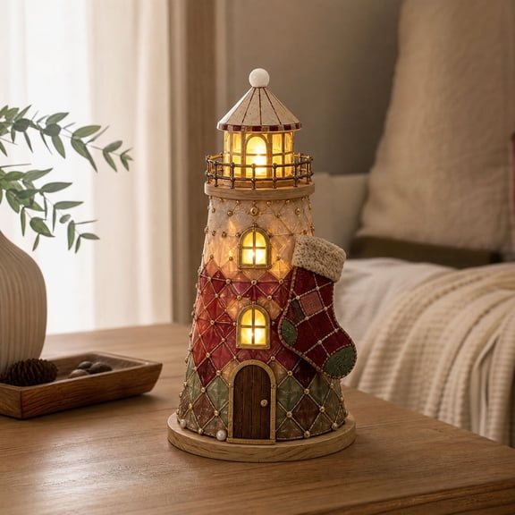 AMARHH Christmas Sea Glass Style Lighthouse Kit, LED Light Vintage Lighted Figurine Holiday Tabletop Ornament for Xmas Home Decor Christmas Gift