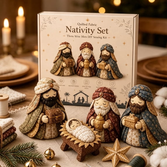 AMARHH DIY Patchwork Nativity Set Sewing Kit, Quilted Fabric Craft Making Supplies Full Set, Christmas Home Decoration HandStitch Kit for Adults Holiday Gift