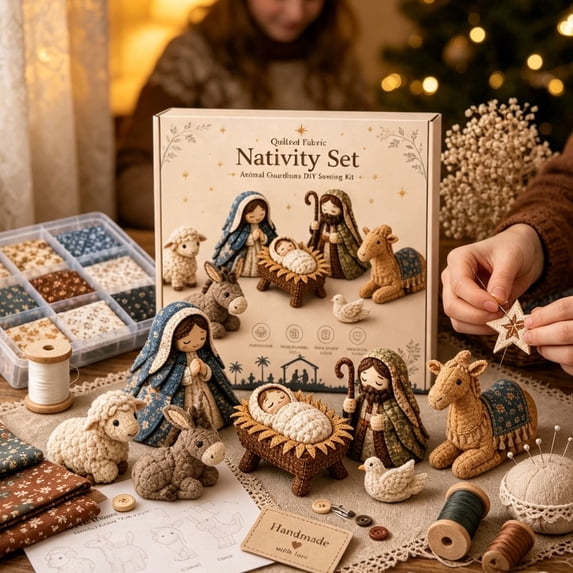 AMARHH DIY Patchwork Nativity Set Sewing Kit, Quilted Fabric Craft Making Supplies Full Set, Christmas Home Decoration HandStitch Kit for Adults Holiday Gift