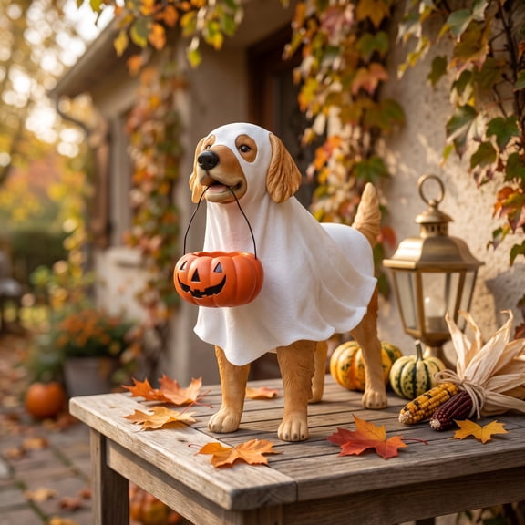 AMARHH Halloween Ghost Dog Candy Bucket, LED Light Up Ghost Puppy Statue With Treat Bucket, Fall Animal Statues for Homes Yards Garden Table Party Decor