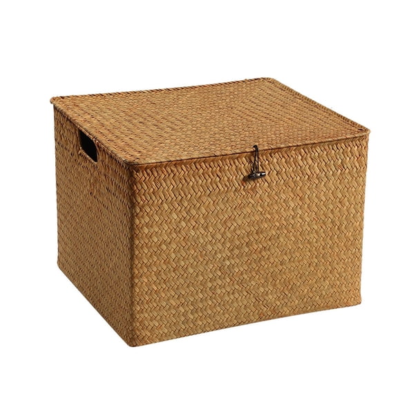 AMARHH Natural Bulrush Woven Storage Basket with Lid, 34 x 24 cm Rectangular Hand Woven Cattail Storage Chest, Rustic Organizer Bin for Living Room Bedroom Entryway
