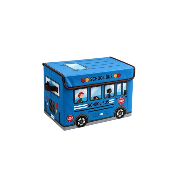 AMARHH School Bus Toy Storage Box 13.78 x 9.45 Inch, Foldable Fabric Toy Chest with Lid and Handles, Toy Organizer Bin for Playroom Bedroom Nursery