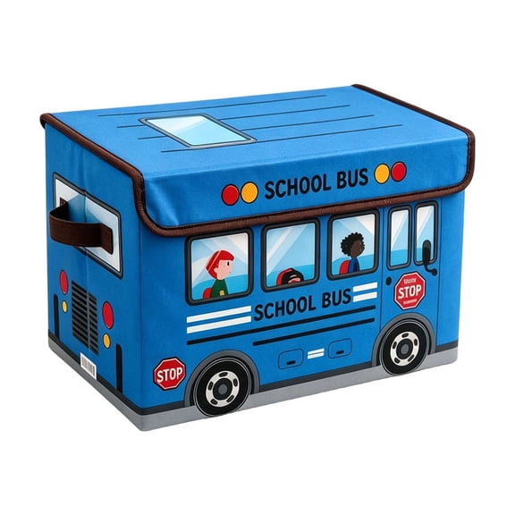 AMARHH School Bus Toy Storage Box 13.78 x 9.45 Inch, Foldable Fabric Toy Chest with Lid and Handles, Toy Organizer Bin for Playroom Bedroom Nursery