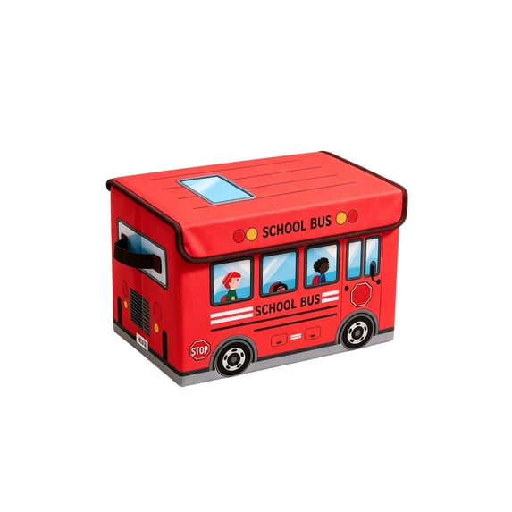AMARHH School Bus Toy Storage Box 13.78 x 9.45 Inch, Foldable Fabric Toy Chest with Lid and Handles, Toy Organizer Bin for Playroom Bedroom Nursery