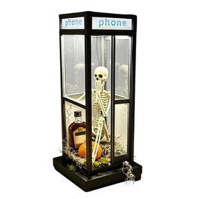 AMARHH Skeleton Phone Booth Decor, 9 Inch Vintage Spooky Telephone Booth Ornament, Diorama Lamp Tabletop Ornament for Halloween House Indoor Home Party Decor Gift