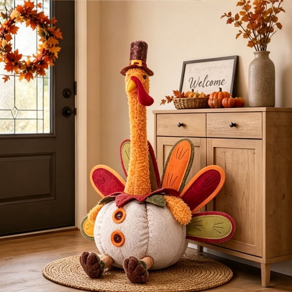 AMARHH Stuffed Turkey Fall Tabletop Ornament, Stretch Leg Turkey Plush Doll, 27 Inch Farmhouse Thanksgiving Decorations Turkey Figurine for Rustic Thanksgiving Day Fall Table Decor