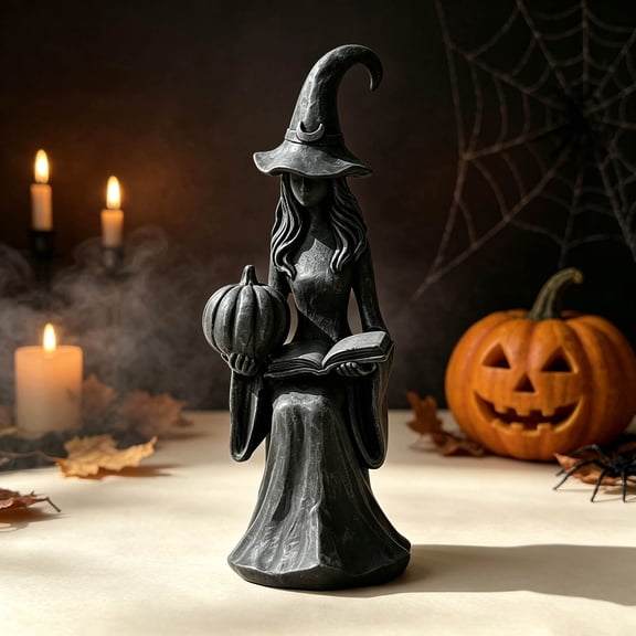 AMARHH Witch Figurine Ornament, 3D Printed Plastic Gothic Style Witch Holding Pumpkin and Spell Book, Vintage Black Home Decor for Shelves Mantels And Party Deco