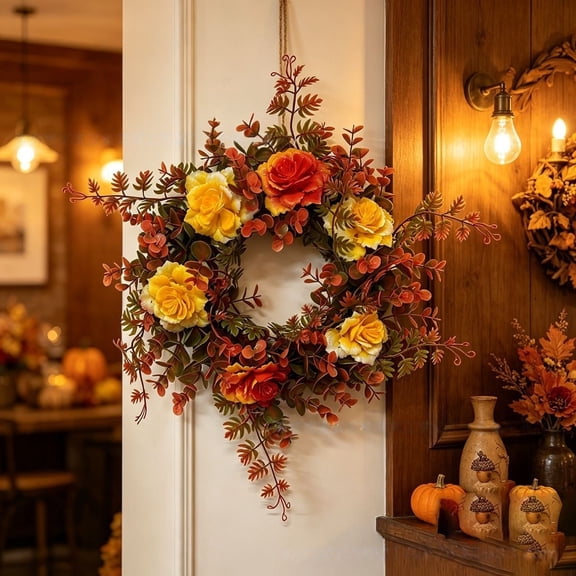 AMARTSY 24-Inch Thanksgiving Rose Artificial Wreath, Orange Fall Floral Door Decoration, Holiday Front Porch Home Wall Decor