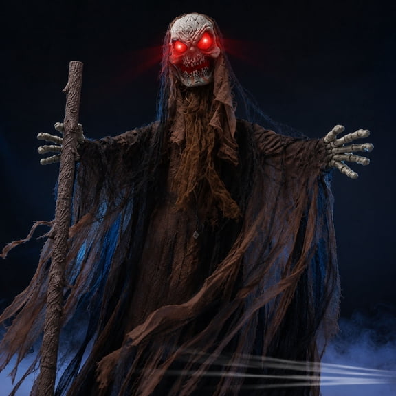 AMARTSY 6-Ft Tall Animated Skull Ghost Standing Figure, LED Red Eyes Sound Sensor, Halloween Indoor Outdoor Party Prop