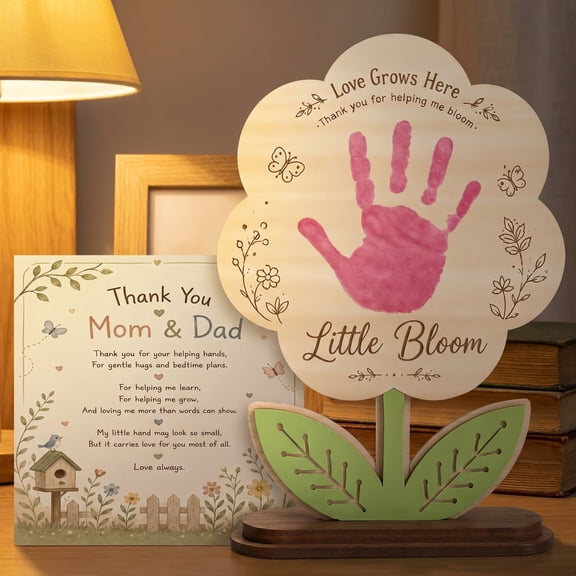 AMARTSY Custom Handprint Wooden Keepsake Gift, Freestanding Fathers Day Decor, 6.8x5 Inch for Desk Shelf Nursery Display