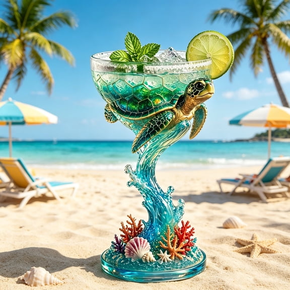 AMARTSY Handmade Sea Turtle Cocktail Glass, Tropical Beach Themed Wine Cup, Decorative Glass Goblet for Bar Summer Party Gift