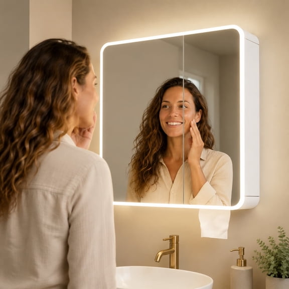 AMARTSY Space Aluminum Corner Bathroom Smart Storage Mirror Cabinet, Round Edge with LED Light, Defogger, Adjustable Shelves, 68x73x18cm