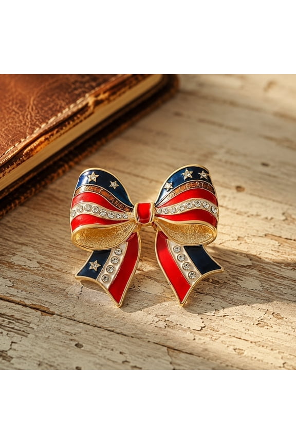 US Flag Bow Brooch Pin, Patriotic Rhinestone Enamel Pin for 4th of July, Gold-Tone Alloy, Sweet Land of Liberty Lettering