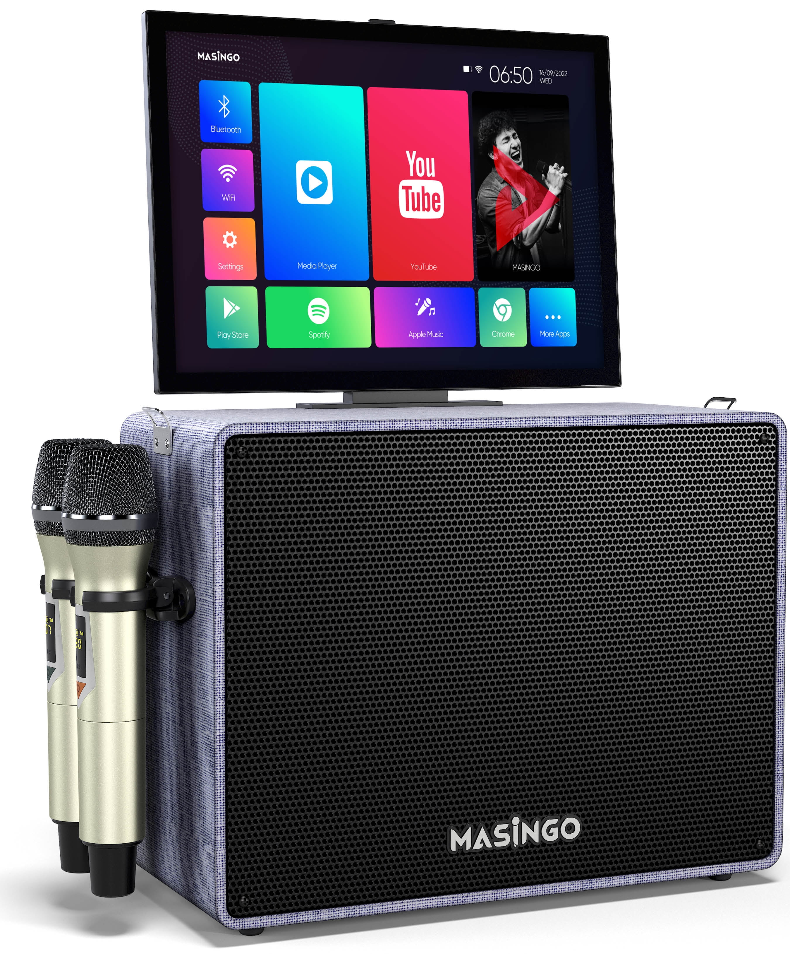 Masingoカラオケ 歌詞表示用タブレット MASINGO Professional Karaoke Machine with 2 Cordless Mics, 15