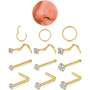 AMASIS 12PCS Gold Nose Hoop and Stud Set, 18G Hinged Clicker Hoops & 20G CZ Mixed Nose Studs, 316L Stainless Steel Nose Piercing Jewelry for Women Men