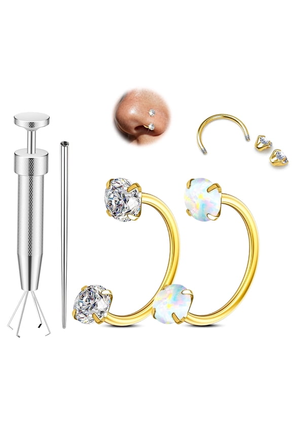 316L Surgical Stainless Steel 20G Horseshoe Nose Rings, Internally Threaded Nose Ring Jewelry, 14K Gold Filled, CZ & Opal Ends, for Women