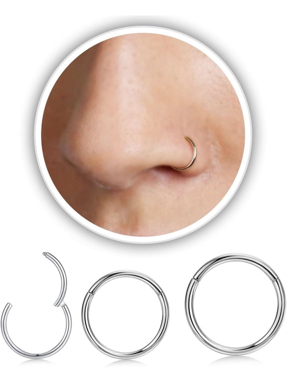 20G Hinged Clicker Nose Rings Set, 316L Stainless Steel Seamless Hoop Jewelry for Nose, Cartilage and Tragus Piercing