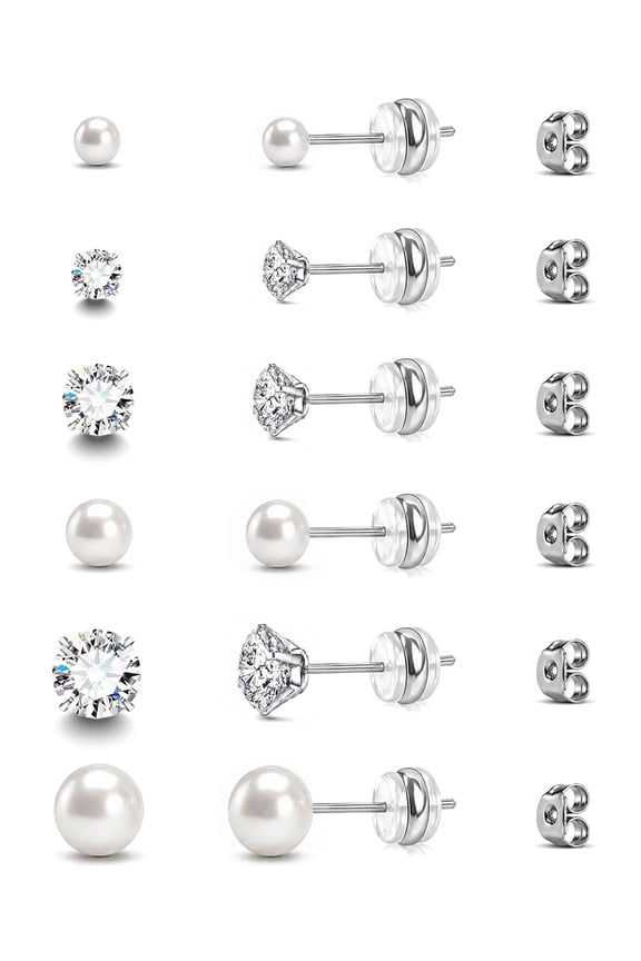 6 Pairs of 20G Silver CZ and Pearl Stud Earrings for Adult Women with Soft Silicone Backs and Included Butterfly Backs