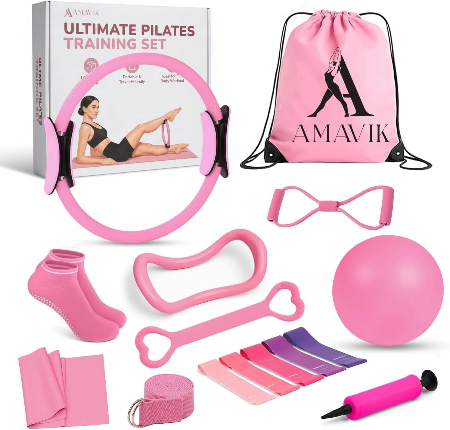 AMAVIK Pilates Kit 15-Piece Home Workout Set with 5 Resistance Bands, Pilates Ring and Ball Set with Accessories-A Complete Pilates Set for Women to Improve Strength Flexibility and Balance Body Pink