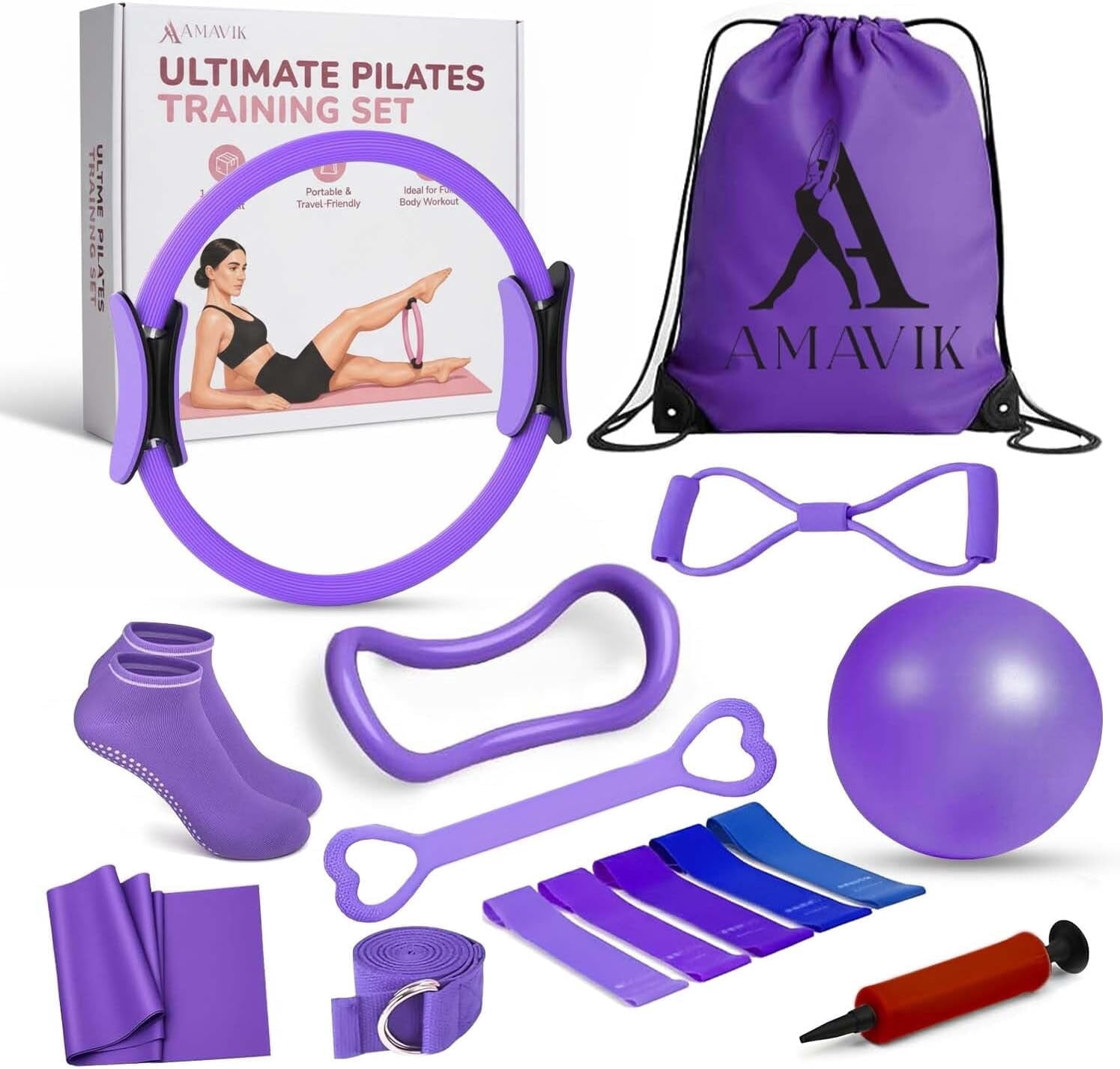 AMAVIK Pilates Kit 15-Piece Home Workout Set of 5 Resistance Bands Pilates Ring and Ball Set with Accessories-A Complete Pilates Set for Women to Improve Strength, Flexibility and Balance Body-Purple