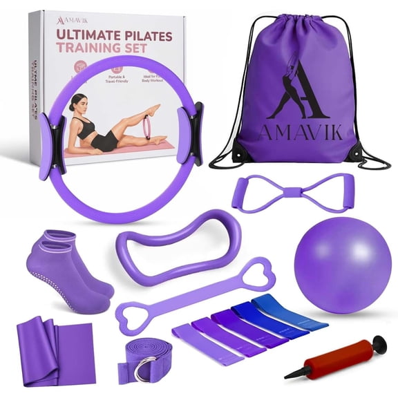 AMAVIK Pilates Kit 15-Piece Home Workout Set of 5 Resistance Bands Pilates Ring and Ball Set with Accessories-A Complete Pilates Set for Women to Improve Strength, Flexibility and Balance Body-Purple