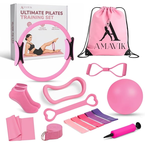AMAVIK Pilates Kit 15-Piece Home Workout Set with 5 Resistance Bands, Pilates Ring and Ball Set with Accessories-A Complete Pilates Set for Women to Improve Strength Flexibility and Balance Body Pink