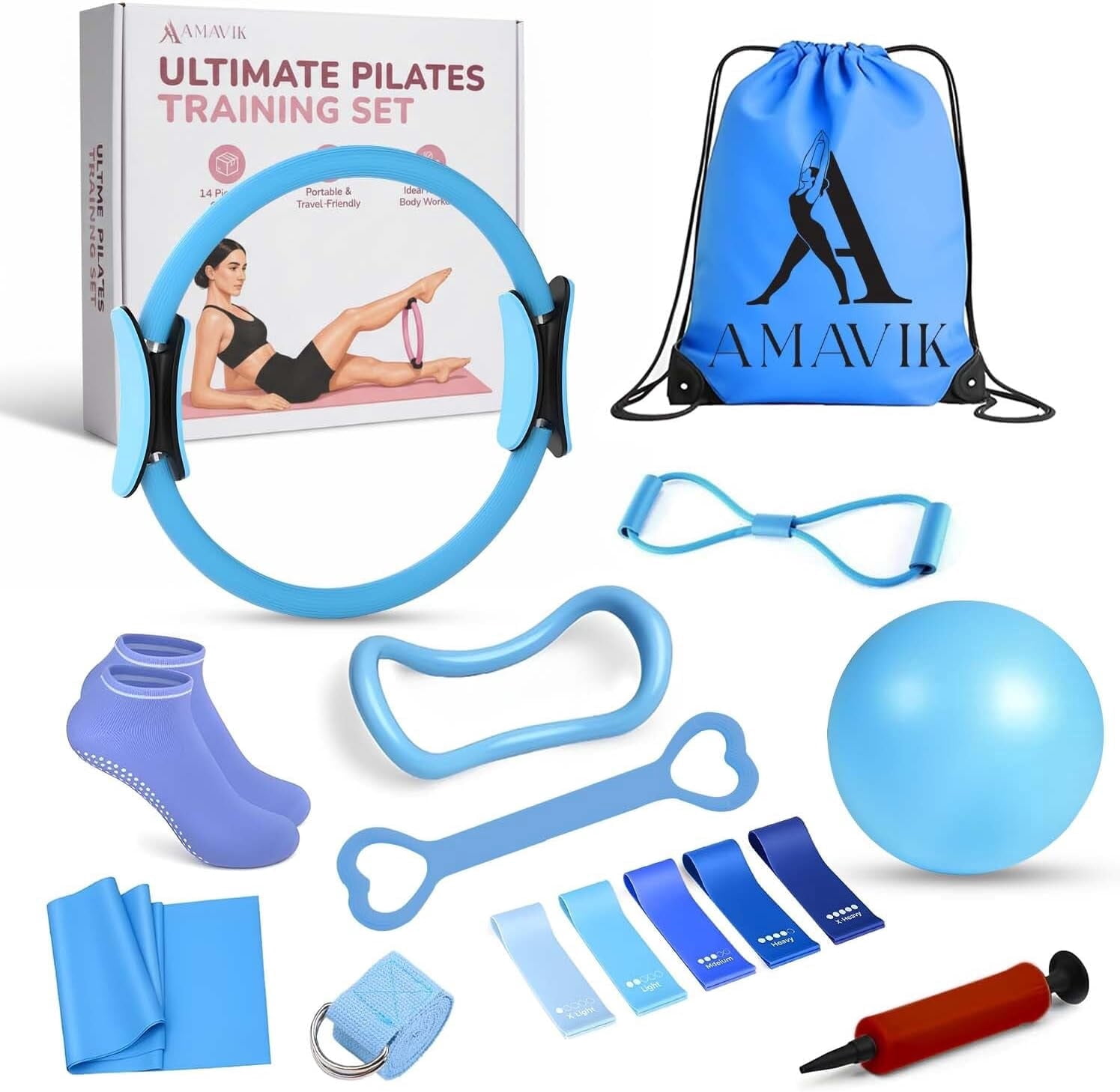 AMAVIK Pilates Kit 15-Piece Home Workout Set with 5 Resistance Bands, Pilates Ring and Ball Set with Accessories A Complete Pilates Set for Women to Improve Strength Flexibility and Balance Body-Blue