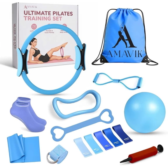 AMAVIK Pilates Kit 15-Piece Home Workout Set with 5 Resistance Bands, Pilates Ring and Ball Set with Accessories A Complete Pilates Set for Women to Improve Strength Flexibility and Balance Body-Blue
