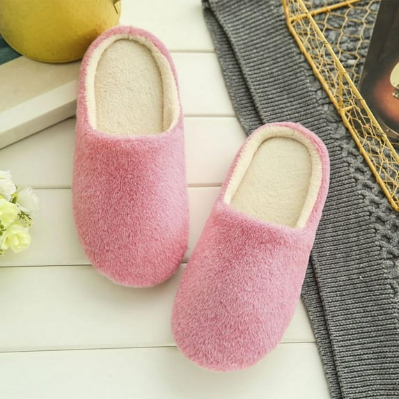 AMAZING FASHION Family Slip on Fuzzy Slippers Memory Foam House Slippers Outdoor Indoor Warm Plush Bedroom Shoes Scuff with Fur Lining