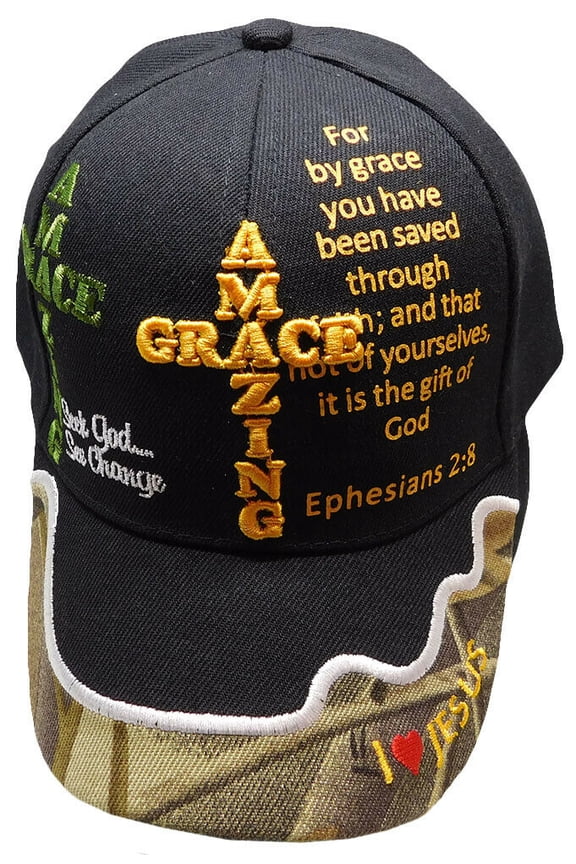 AMAZING GRACE Ephesians 2:8 Christian Black Camouflage Hat Cap Saved By Grace