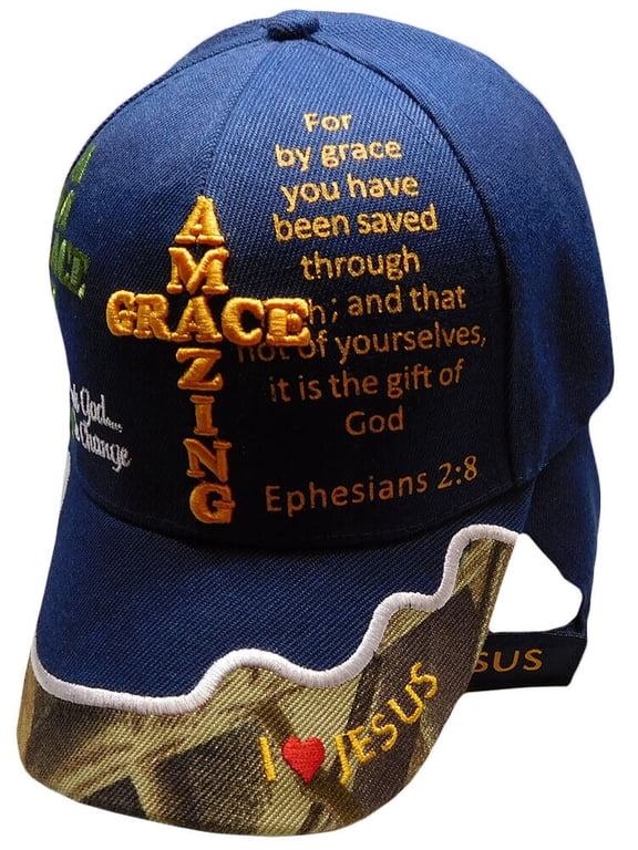 AMAZING GRACE Ephesians 2:8 Christian Navy Blue Camo Hat Cap Saved By Grace