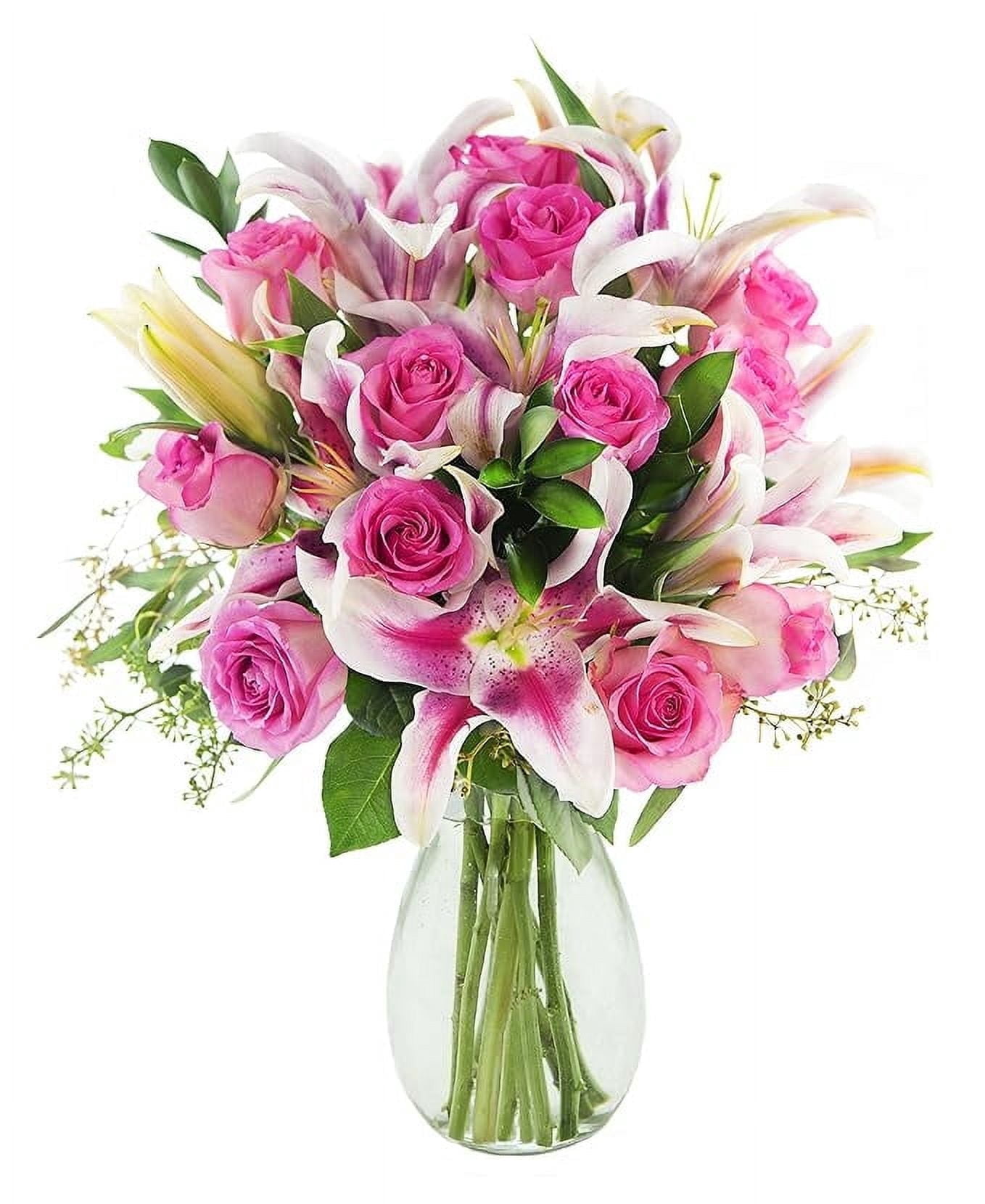 KaBloom : 12 Pink Rose 5 Stargazer Pink Lily With Greens in Vase, Next-Day-Delivery.