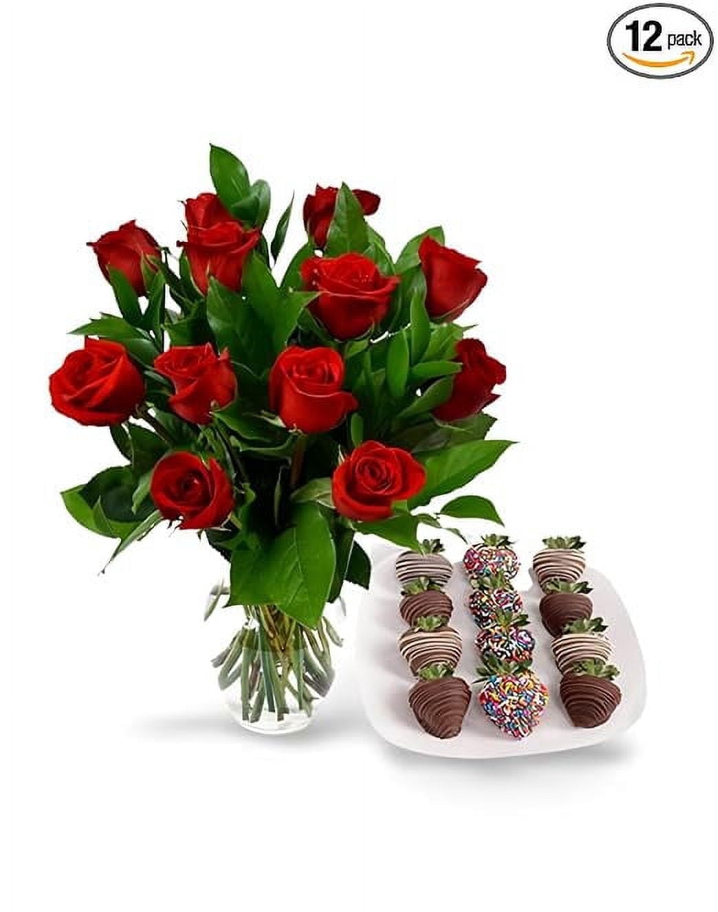 KaBloom : 12 Red Roses with Celebration Chocolate Dipped Berries with Vase.Gift for Birthday, Sympathy, Thank You, Valentine, Mother’s Day Fresh Flowers