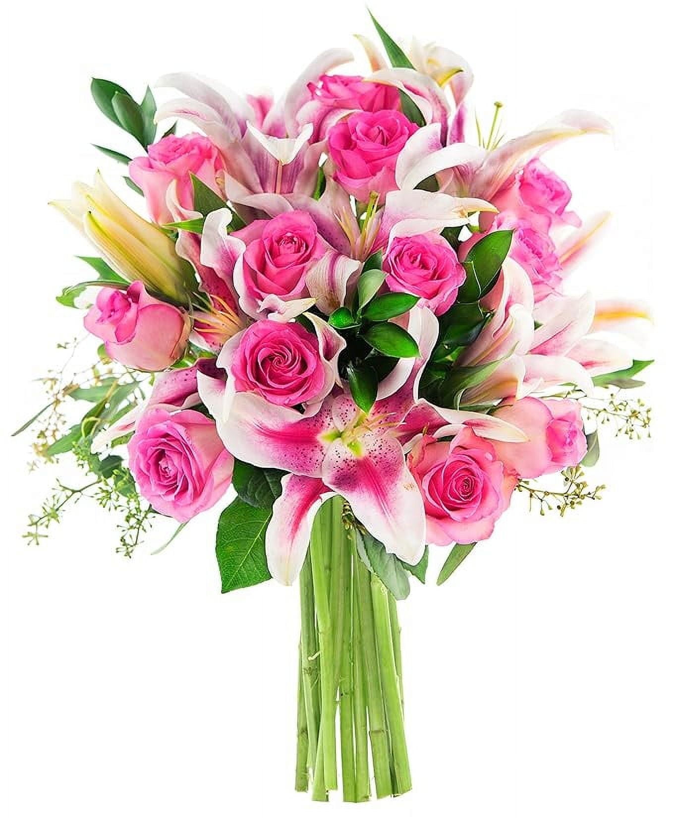 KaBloom : Tribute Bouquet of 12 Pink Rose 5 Stargazer Pink Lily With Lush Greens.Gift for Birthday, Easter, Valentine, Mothers Day Fresh Flowers