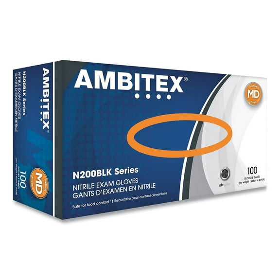 AMBITEX N200 SERIES POWDER-FREE NITRILE GLOVES, MEDIUM, BLACK, 100/BOX