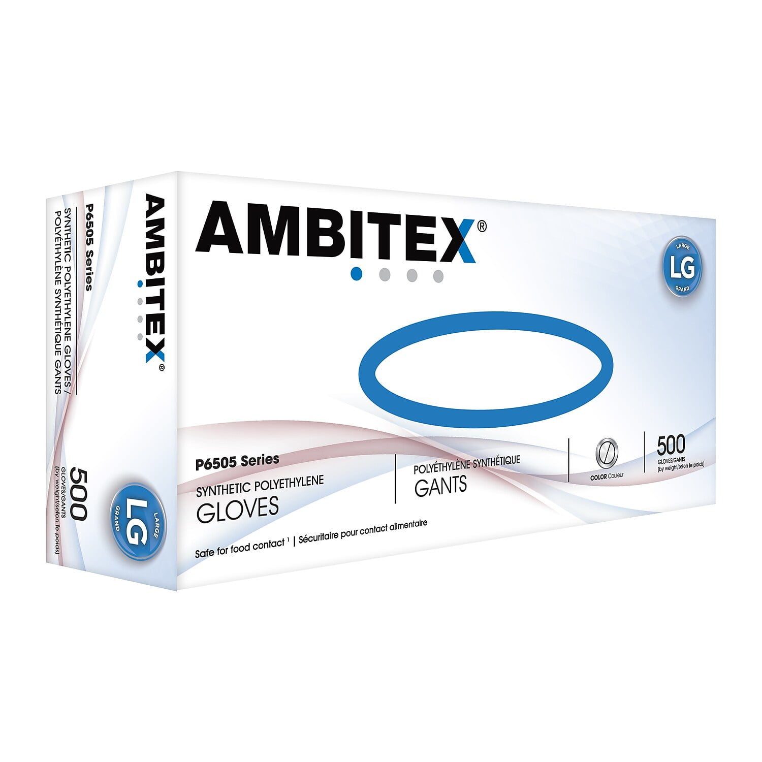 AMBITEX P6505 SERIES POLYETHYLENE GLOVES, 1.25 MIL, LARGE, CLEAR, 500/BOX