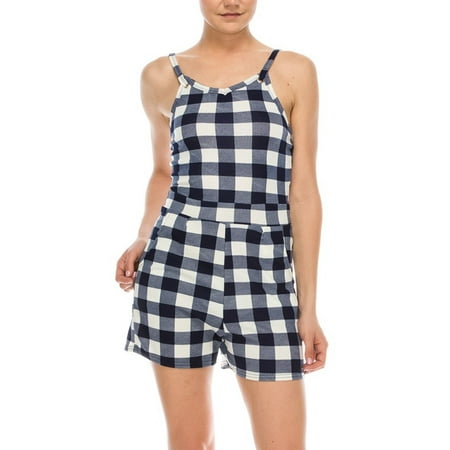 AMBITION Spaghetti Strap Gingham Romper with Pockets Navy Blue