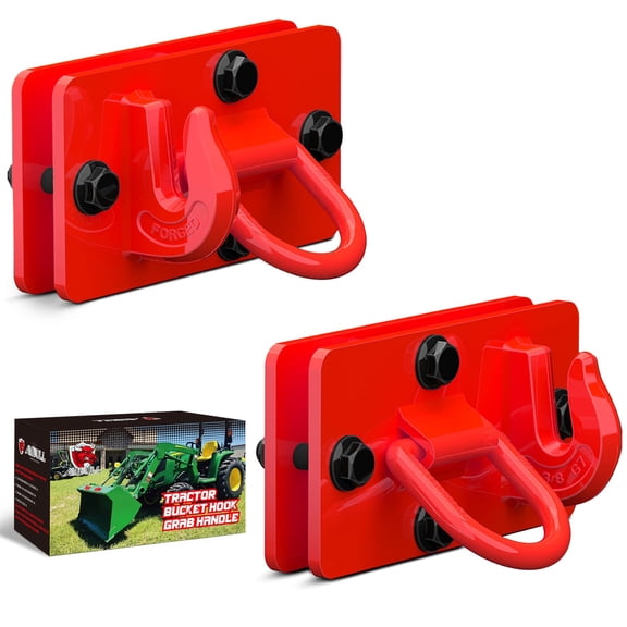 AMBULL 2 Pack Tractor Bucket Hooks with Tie Down Ring, Grade 70 Forged Steel Bolt On Grab Hook Tow Hook Mount with Backer Plate, Work Well for Tractor Bucket, RV, UTV, Truck, Max 15,000 lbs Red