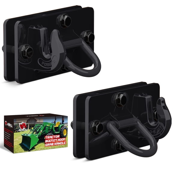 AMBULL 2 Pack Tractor Bucket Hooks with Tie Down Ring, Grade 70 Forged Steel Bolt On Grab Hook Tow Hook Mount with Backer Plate, Work Well for Tractor Bucket, RV, UTV, Truck, Max 15,000 lbs Black