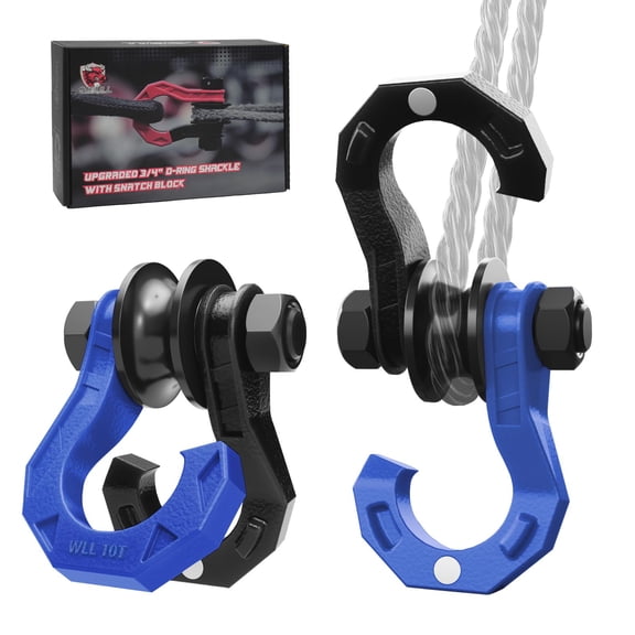 AMBULL D Ring Separate Shackle with Snatch Block 2 Set, 3/4" Shackles w/ Snatch Block Pulley, Heavy Duty Shackle for Towing Winch, Pulley for Off-Road Vehicle Recovery, Truck, ATV, UTV, BlackBlue